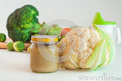 Glass jar with natural baby food vegetable puree Stock Photo