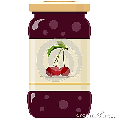 Glass jar of preserved cherry jam flat vector isolated on white Vector Illustration