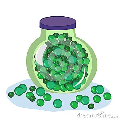 Glass jar of preserved green peas. Sweet garden peas. Vector Illustration