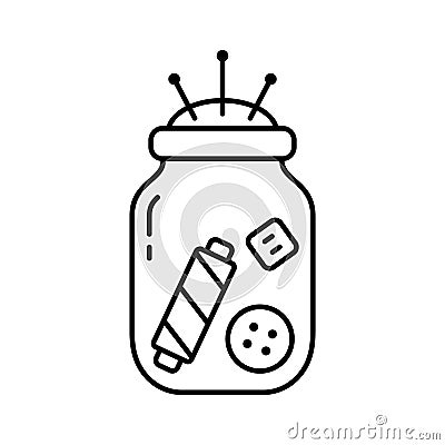 Glass jar with sewing accessories. Reuse of food bottle for storing threads, buttons, needles. Linear handmade icon. Black Vector Illustration