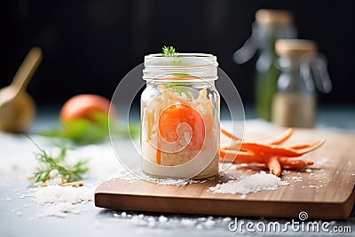 a glass jar surrounded by raw carrots, ginger root, and sea salt flakes Stock Photo