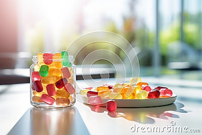 Glass jar of wellness treats: Gummy supplements, chewable vitamins inviting a daily dose of healthful joy Stock Photo