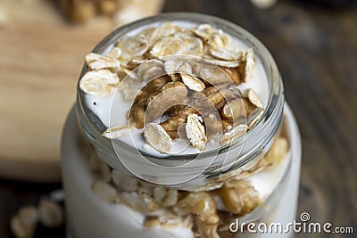 yogurt made from milk with walnuts and muesli Stock Photo