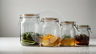 Glass jars for canning of different sizes on a white background. Stock Photo