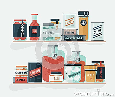 Glass jars and cans with pickled vegetables on shelves. Delicious canned food, organic nutrition, homemade preserves Vector Illustration