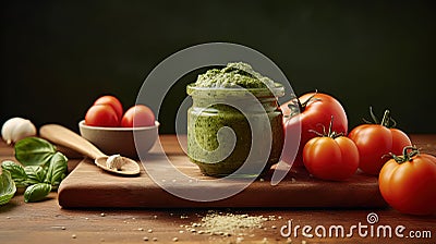 A Glass Jars with Green Pesto with Ingredients on Healthy Kitchen Food Image. Stock Photo