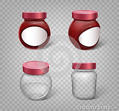 Glass jars with jam and empty mockups isolated with template branding stickers Vector Illustration