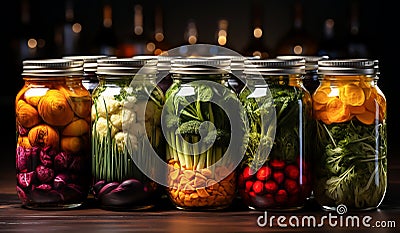 Glass jars with pickled vegetables and fruit. AI generated Stock Photo