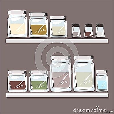 Glass jars for spices, cereals, seasonings, bulk products, sugar. Realistic glass image. Table setting. Organization of storage in Vector Illustration