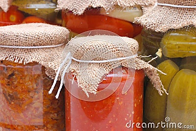 Glass jars with tinned vegetables Stock Photo