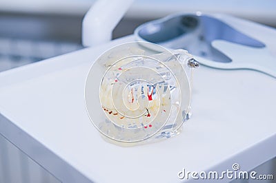 Glass jaw model with implanted dentures on the working dental table surface Stock Photo