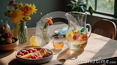 Glass jug with lemonade and fruits on wooden table at home. Stock Photo