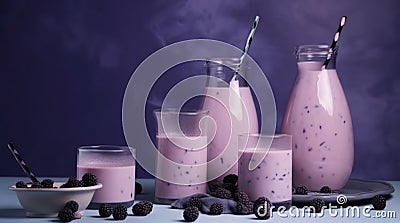 Glass jugs with blueberry milk cocktail. Stock Photo