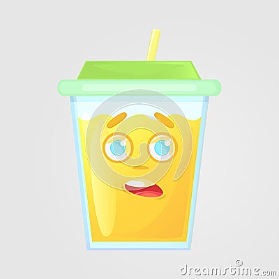 A glass of juice with a lid and a straw. Summer drink. Emotional icon, frightened, panic, fear, nervous. Vector Illustration