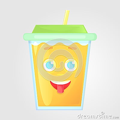 A glass of juice with a lid and a tube. Summer drink. Emotional icon, funny, shows the tongue, happy. Cartoon Illustration