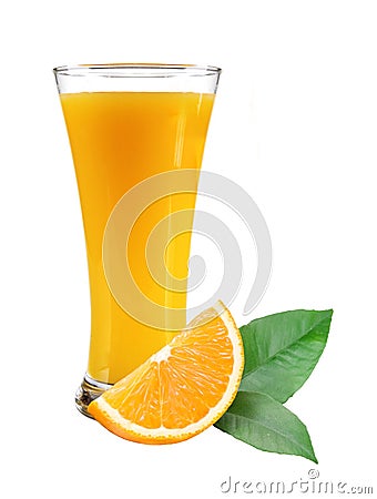 Glass of juice, orange slice with leaves on white Stock Photo