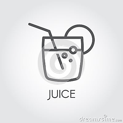 Glass with juice, straw and lemon or lime slice. Icon in linear style. Drink, lemonade or cocktail label. Food series Vector Illustration