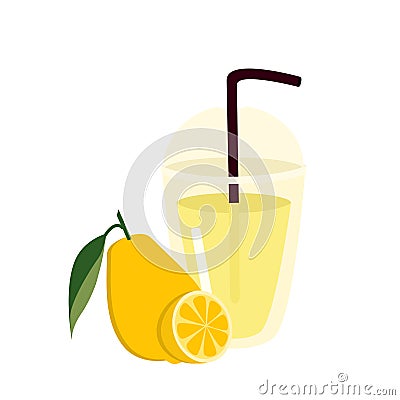 Glass of lemon juice with pile of yellow lemon lime fruits with green leaf Vector Illustration