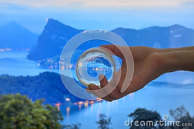A Glass Lens ball and Lake Lucerne in Horw Stock Photo
