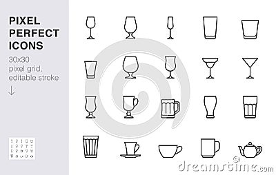 Glass line icon set. Drink glassware type - beer mug, whiskey shot, wineglass, teapot minimal vector illustration Cartoon Illustration