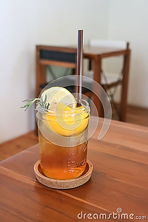 Glass of Lychee tea in the cafe. Stock Photo