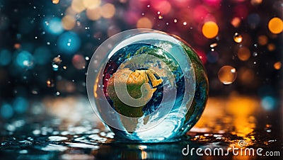 A glass magic ball or a drop of water with the planet earth inside Stock Photo