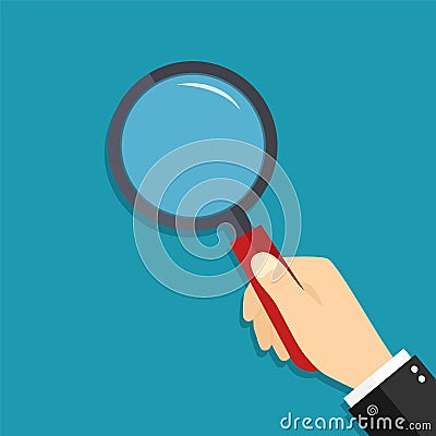 Glass magnify in hand. Lens of magnifying loupe for search. Cartoon zoom for detective. Man hold magnifier, focus for enlarge. Vector Illustration