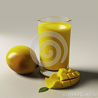 A glass of mango juice with a piece of mango on the side, created using AI Tools Stock Photo