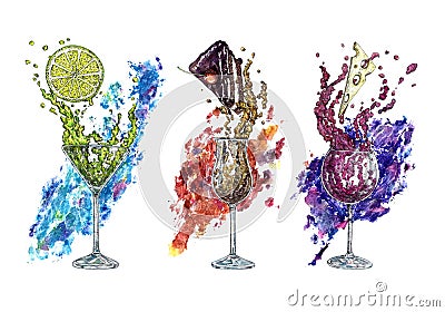 A glass of margarita cocktail and a piece of lemon in splashes, cognac and piece of cake, wine and cheese on abstract splashes Cartoon Illustration