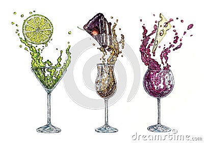 A glass of margarita cocktail and a piece of lemon in splashes, cognac and piece of cake, wine and cheese, hand painted watercolor Cartoon Illustration