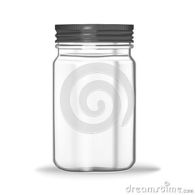 Glass mason jar isolated on white background vector mock-up. Clear food container with screw metal lid realistic illustration Vector Illustration