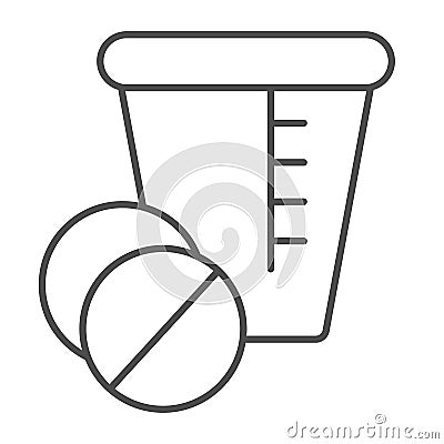 Glass measure and pills thin line icon, Medical concept, Glass Measuring Beaker and pills sign on white background Vector Illustration