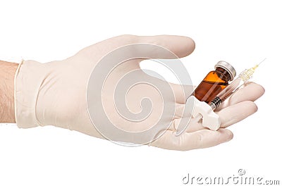 Glass Medicine Vial botox or flu with medical Syringe male hand Stock Photo