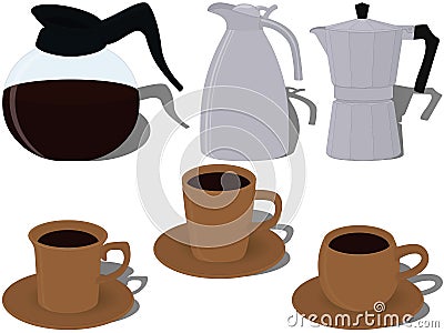 Glass and metal coffee pots with ceramic cups of coffee vector illustration Cartoon Illustration