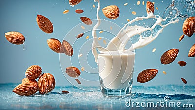 Glass milk, almonds, splash nutrition drink protein liquid vitamins concept natural Stock Photo