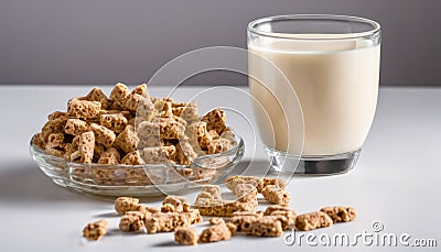 A glass of milk and a bowl of cereal on a table Stock Photo