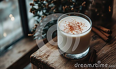 A glass of milk with cinnamon on top sits on a wooden table Stock Photo