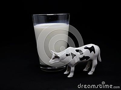 Glass of milk with dairy cow. Milk cow. Black and white cow with spots. Spotted cow. Ruminant farm animal. Drink. Milk. Toy cow. I Stock Photo