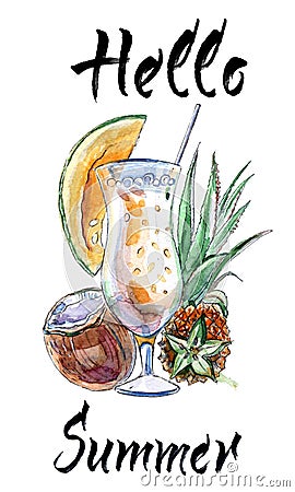 Glass of milk shake with straw and coconut, pineapple, papaya in watercolor Cartoon Illustration