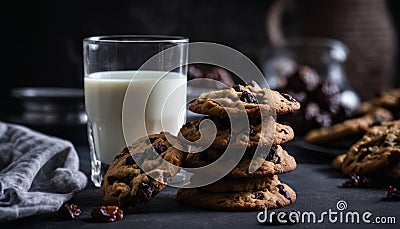 A glass of milk sits next to a pile of cookies Stock Photo