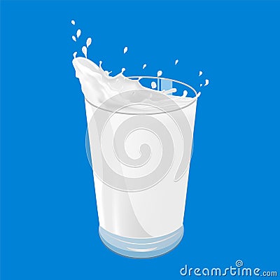 Glass of milk with a splash of white liquid. Single object isolated on a blue background Vector Illustration