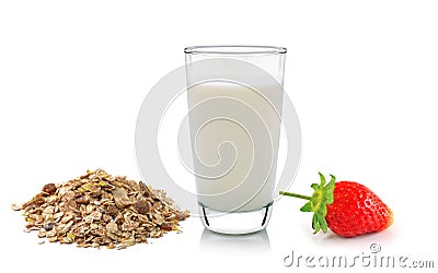 Glass of milk ,strawberry and muesli on white background Stock Photo