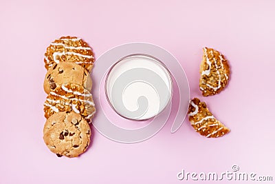Glass of Milk and Variety of Tasty Homemade Cookies Pastry Cookies Top View Horizontal Stock Photo