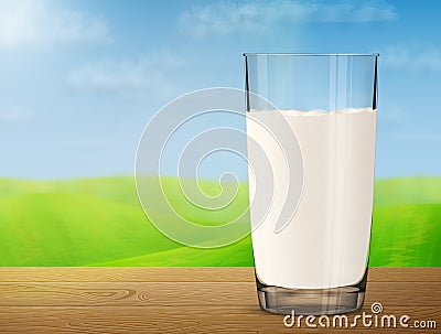 Glass of milk on wooden table on background of blurred landscape Vector Illustration