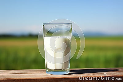 Glass of milk on wooden table with lush green field and clear blue sky. Copy space Stock Photo