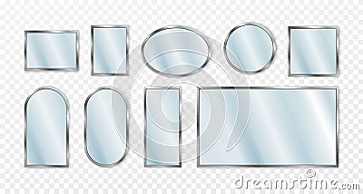 Glass mirrors set, reflect frames different form, round and square or oval. Silver surface, realistic interior decor Vector Illustration