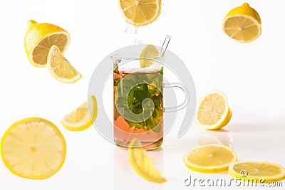 Glass of moroccan tea with lemon slices Stock Photo