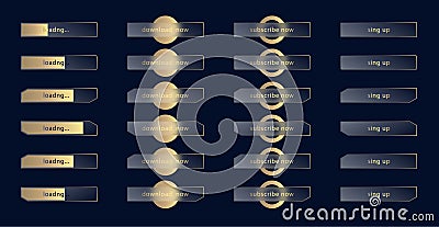 Glass morphism effect. Set of transparent frosted acrylic buttons and loading bars. Gold gradient circles on black blue Vector Illustration