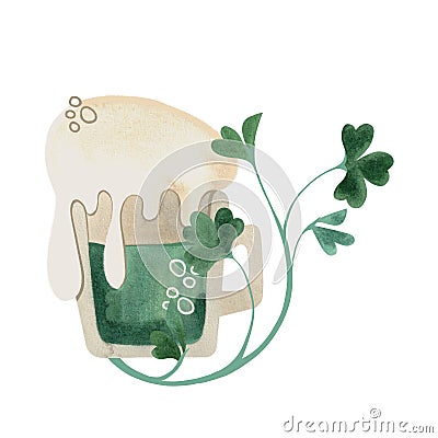 A glass mug of green ale with high foam is entangled with shamrock clover. Beer. Symbol of Ireland. St.Patrick 's Cartoon Illustration