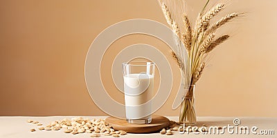 Glass of oat milk. Natural vegan drink. Copy space. AI generated Cartoon Illustration